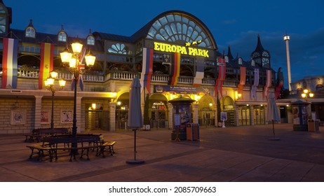 Rust, Germany-July 6.21: Illuminated Entrance Gate To Europa-Park At Night, The Largest Theme Park In Germany