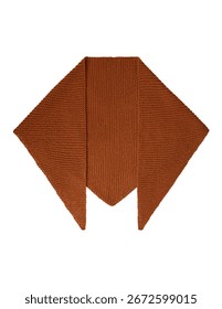Rust knitted scarf with pointed triangular ends, flat lay mockup, textured woolen accessory for womens wear and unisex outfits, cozy autumn winter apparel, isolated on white background
