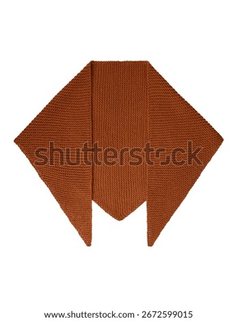 Rust knitted scarf with pointed triangular ends, flat lay mockup, textured woolen accessory for womens wear and unisex outfits, cozy autumn winter apparel, isolated on white background