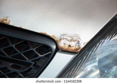 Rust On The Bonnet Of A Silver Car With Black Radiator Grille