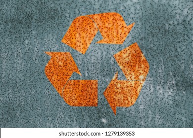 Rust Stained Corroded Metal Surface With Grunge Recycling Logo Icon