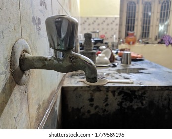 A Rust Tap In The Kitchen Of A Middle Class Home Of India.