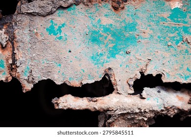 Rust texture on green scrap metal. Rust grains on a metal background. A rust effect with a layer of dirt used for vintage image styles for illustrations or presentations.