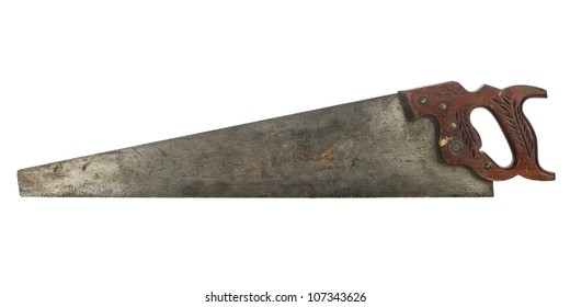 Rusted antique carpenters hand saw with  wood handle isolated on white