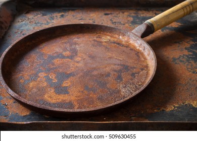 Rusted Cast Iron Pan  On Rust Background, Selective Focus