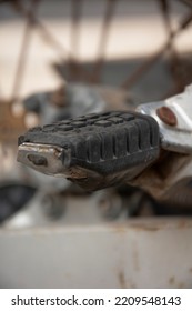 Rusted Damaged Old Motorcycle Rider Foot Selective Focus