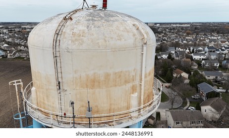 Rusted Large Water Tower In Subdivision Close Up Aerial view - Powered by Shutterstock