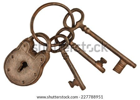 Rusted lock and keys attached on a keyring isolated on a white background