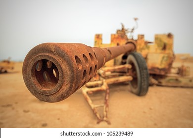 Rusted Military Anti-Tank Cannon Gun During The Desert Storm War