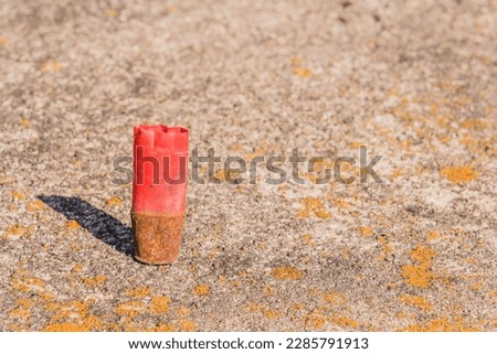 Rusted plastic shotgun shell casing standing on concrete.