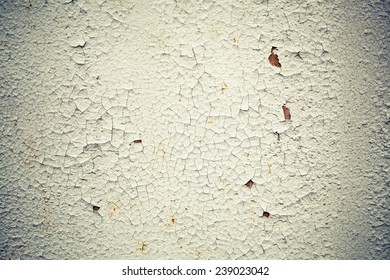 Rusted White Metal Wall With Cracks On Paint, Background Texture With Vintage Toned Photo Filter Effect, Instagram Style