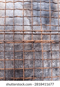 Rusted wire mesh grid with a square pattern. The deep orange-brown rust covers the metal against a worn, dark grey, scratched background. Small particles are trapped in the mesh.