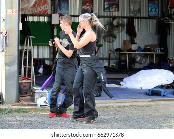 RUSTENBURG, SOUTH AFRICA - April 28, 2017: National Skydiving Championships. Sky Divers Practising In Air Formation And Artistic Manoeuvres And Sequences On Ground 