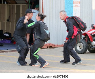 RUSTENBURG, SOUTH AFRICA - April 28, 2017: National Skydiving Championships. Sky Divers Practising In Air Formation And Artistic Manoeuvres And Sequences On Ground 