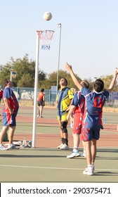 RUSTENBURG, SOUTH AFRICA - June 6:  Korfball League games played at Olympia Park on June 6, 2015 in Rustenburg South Africa.  Mens team:  Man attempting goal throw at net.
