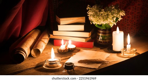 Rustic age art script scroll wed love decor table desk worn blank text space pad page post card. Closeup god Jesus Christ culture night even still life flame fire light notice symbol concept banner