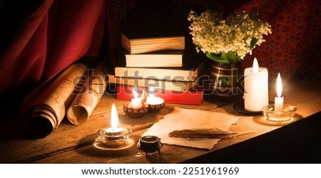 Rustic age art script scroll wed love decor table desk worn blank text space pad page post card. Closeup god Jesus Christ culture night even still life flame fire light notice symbol concept banner