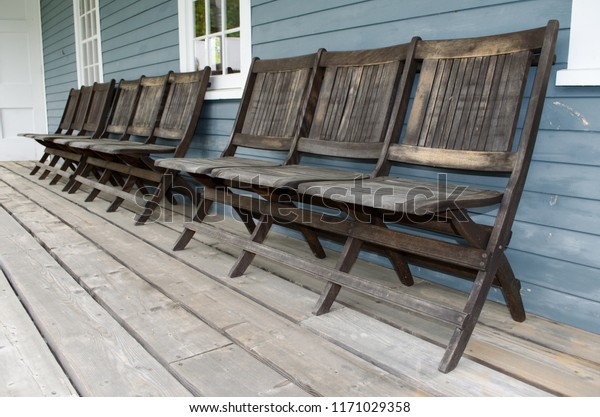 Rustic Antique Wooden Empty Chairs Lined Stock Photo Edit Now