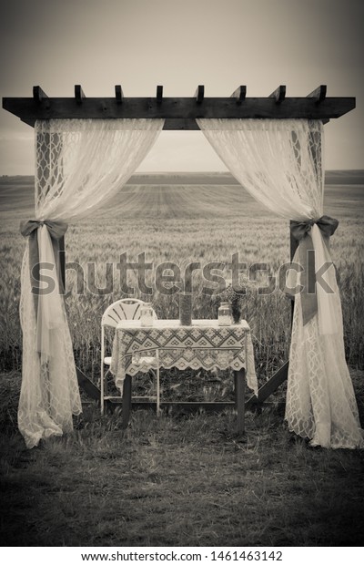 Rustic Arbor Decoration White Curtains Burlap Stock Photo Edit