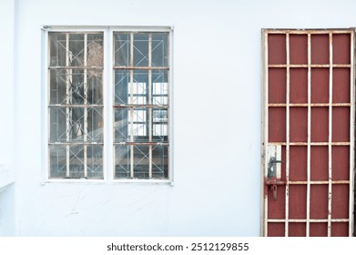 A rustic architectural detail featuring a window with grilles and a door with a wooden frame against a white wall.
