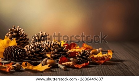 a rustic arrangement of pine cones acorns and autumn leaves on a dark wooden surface with blurred background