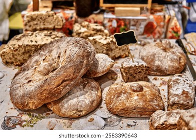 Rustic artisan bread displayed at a local market