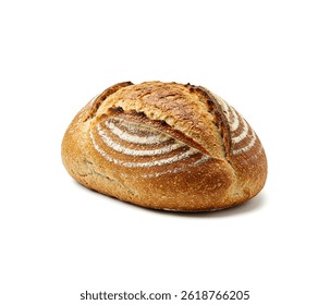 Rustic artisan sourdough bread loaf isolated on white background