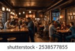 Rustic bar interior with people enjoying drinks and conversations, warm lights and wooden decor enhancing the cozy, inviting atmosphere