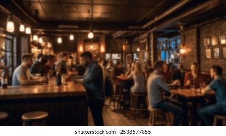 Rustic bar interior with people enjoying drinks and conversations, warm lights and wooden decor enhancing the cozy, inviting atmosphere - Powered by Shutterstock