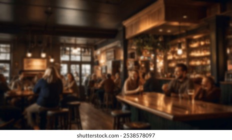 Rustic bar interior with people enjoying drinks and conversations, warm lights and wooden decor enhancing the cozy, inviting atmosphere - Powered by Shutterstock