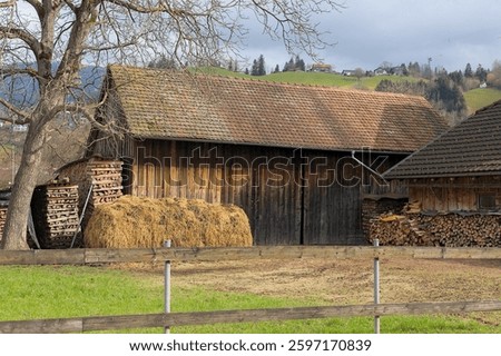 Rustic barn surrounded by hay bales and timber stacks under a cloudy sky in a rural landscape in Alps