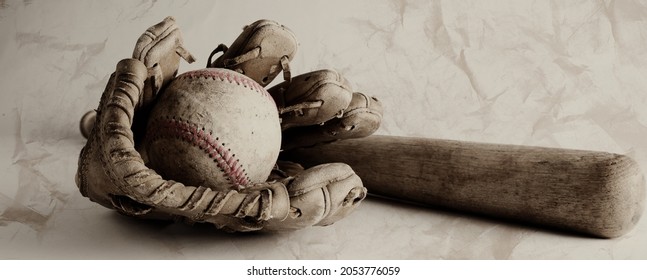 Rustic Baseball Equipment Close Up In Wide Angle With Old Texture Over Ball And Glove With Wooden Bat For Sport.