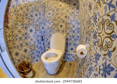 Rustic Bathroom Interior with Sink, Mirror, and Stylish Decorative Tiles