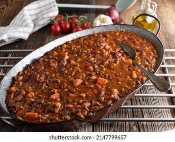 Rustic Bean Stew Alla Chili Con Carne  With Minced Meat And Sweet Potatoes - Tex Mex Food