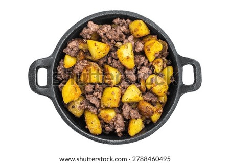 Rustic beefhash inspired by Pyttipanna with diced potatoes and ground beef on bright surface great for culinary and nutrition imagery