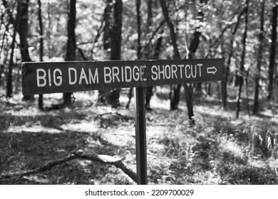 Rustic Big Dam Bridge Shortcut Sign In Black And White In Forest