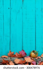 Rustic Blank Teal Blue Wood Sign With Fall Leaves And Pumpkin On Log Border