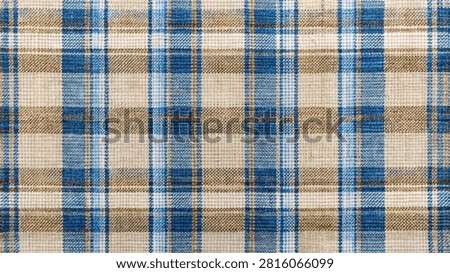 Rustic Blue and Neutral Beige Plaid Cotton Fabric Texture Close-Up