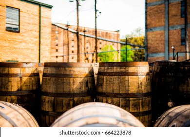 Rustic Bourbon Barrels At A Kentucky Distillery On The Bourbon Trail. 