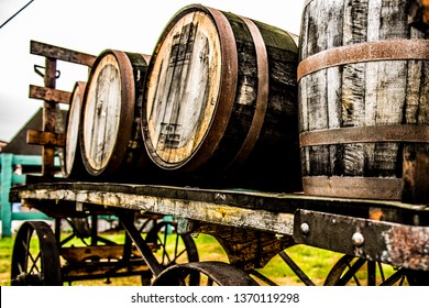 Rustic Bourbon Barrels On A Wagon Along The Bourbon Trail In Kentucky. 