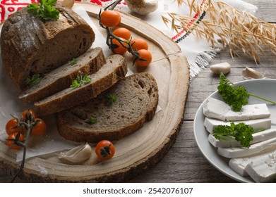 Rustic Bread with Feta, Parsley, and Cherry Tomatoes, Fresh Ingredients on Wooden Board. Feta-Topped Bread with Herbs and Tomatoes, Rustic Kitchen Setup. - Powered by Shutterstock