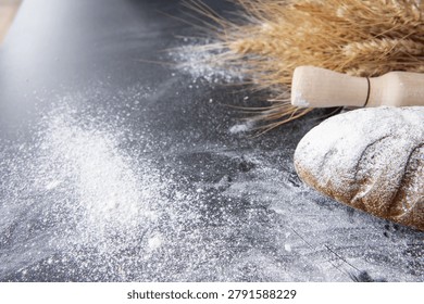 Rustic Bread With Flour Wheat Ears And Rolling Pin On Table