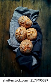 Rustic Bread Rolls On Wooden Background. Top View