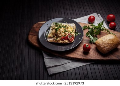 A rustic breakfast scene featuring scrambled eggs with herbs on toasted bread, garnished with tomatoes and parsley. Fresh tomatoes and a roll of bread complete the cozy, homemade setup. - Powered by Shutterstock