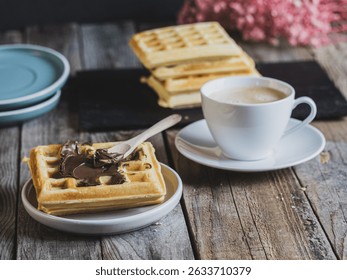 Rustic breakfast setup with coffee and waffles topped with chocolate spread, served on a wooden table in a cozy, home-style atmosphere.