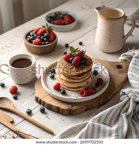 Rustic breakfast table with pancakes, berries, and coffee, soft natural light, top-down view

