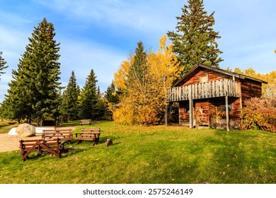 A rustic cabin sits in a lush green field with a bench and a few chairs nearby. The cabin is surrounded by trees, and the sky is clear and blue. Concept of peace and tranquility