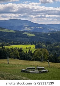 Rustic campfire site with stone ring and wooden logs in a green meadow.