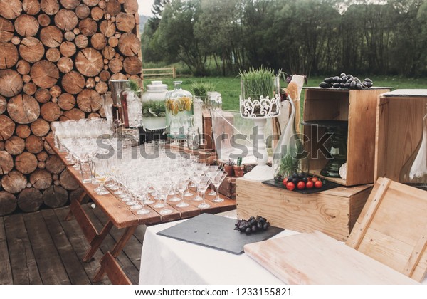 Rustic Catering Wedding Reception Glasses Alcohol Stock Photo