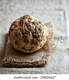 Rustic celery root on a burlap